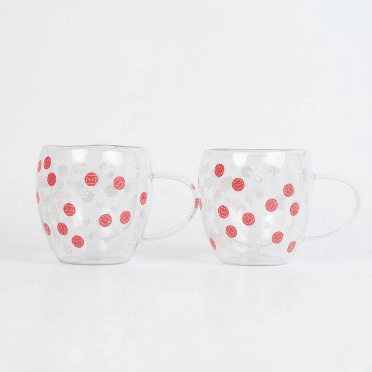 Set-2 Double Wall Glass Mug – Snowflake & Ornament Design - Memories Insite